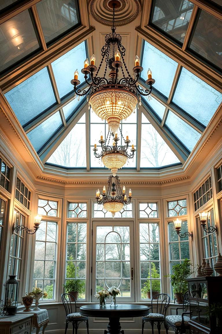 Elegant Chandeliers Illuminate the Space - 24 Victorian Sunroom Ideas
