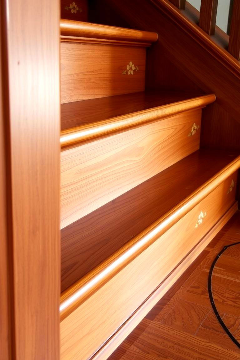 Elegant Cherry Wood Staircase with Intricate Inlays - 24 Wooden Staircase Ideas