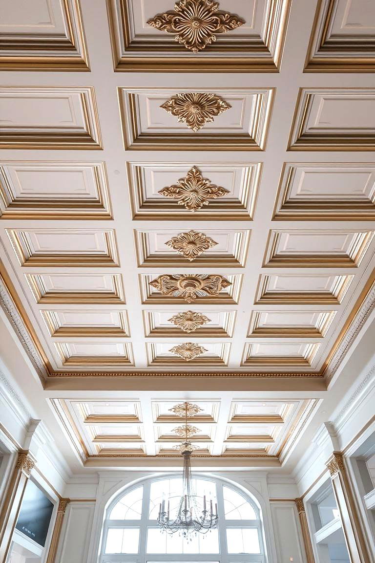 Elegant Coffered Ceiling with Metallic Accents - 24 Coffered Ceiling Ideas