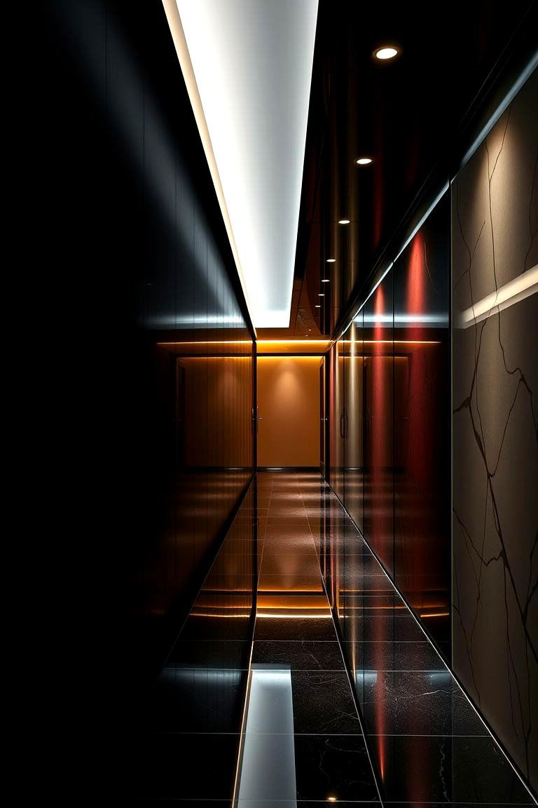 Elegant Contrast Lighting - 24 Black Hallway Ideas