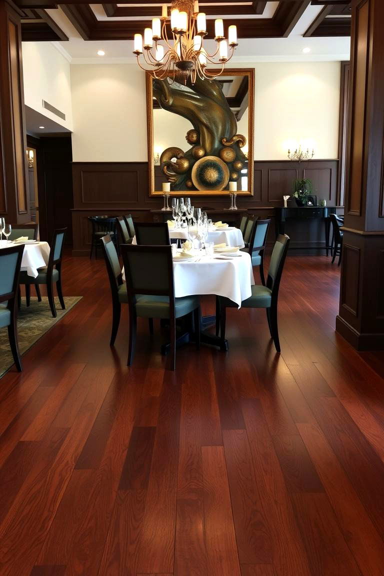 Elegant Contrast with Rich Walnut Floors - 24 dark wood floor dining room ideas