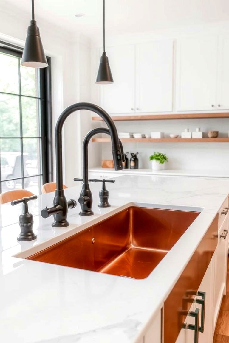 Elegant Copper Sink with Black Fixtures - 24 black and copper kitchen ideas