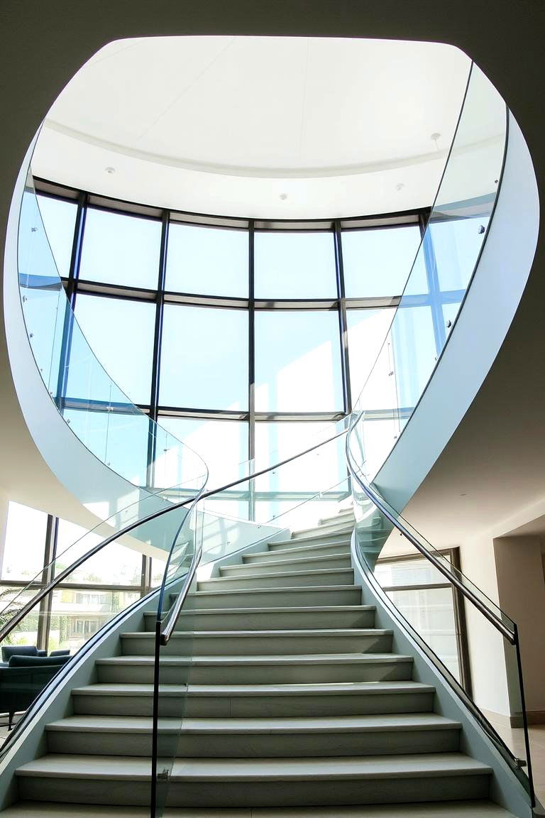Elegant Curved Glass Railings - 24 Stair Railing Ideas