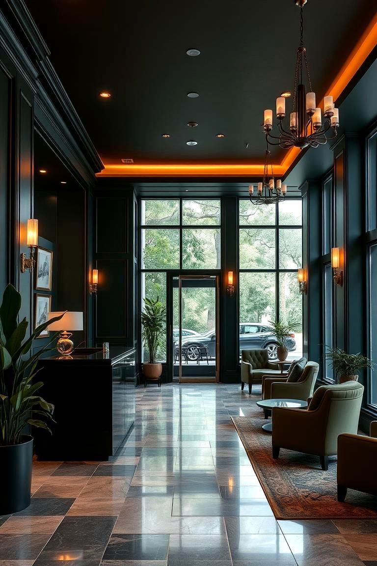 Elegant Dark Green Reception Area - 24 Dark Green Office Ideas and Inspiration