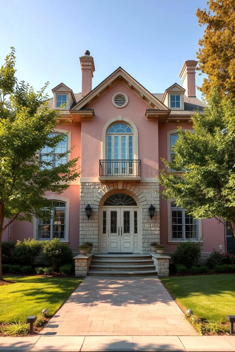 Elegant Dusty Pink with Natural Stone - 24 Pink House Exterior Ideas