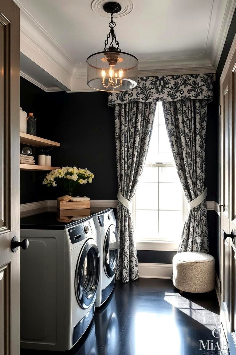 Elegant Fabric Accents - 24 Black and White Laundry Room Ideas