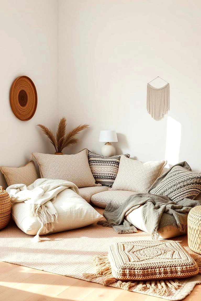 Elegant Floor Cushions - 24 Neutral Boho Living Room Ideas