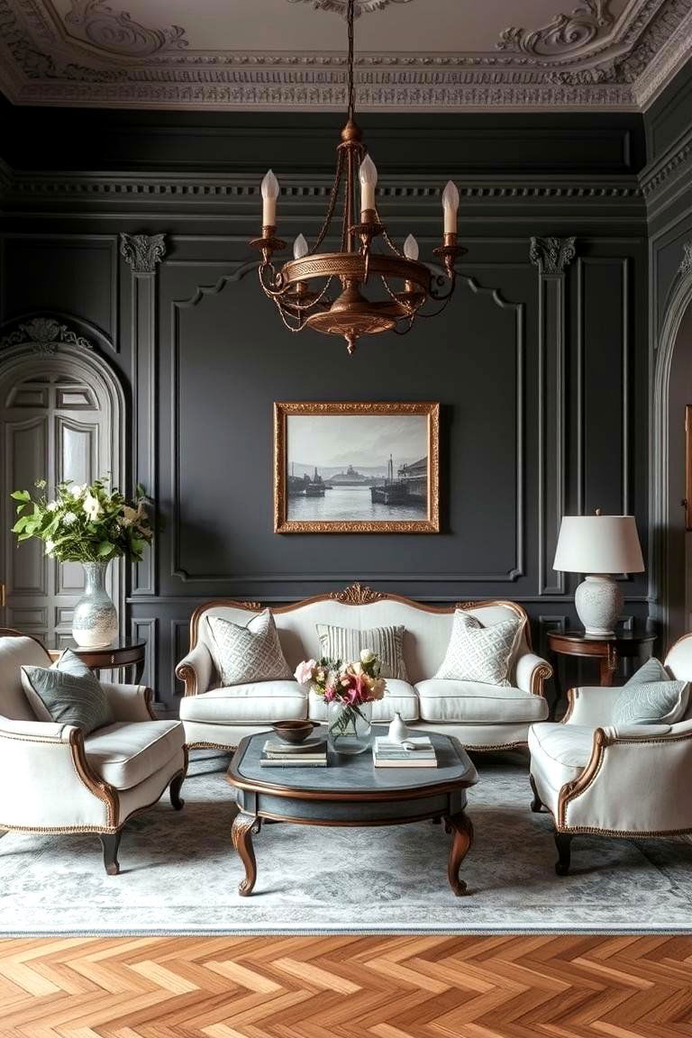 Elegant French Country - 24 Contrasting Living Rooms With Dark Grey Walls