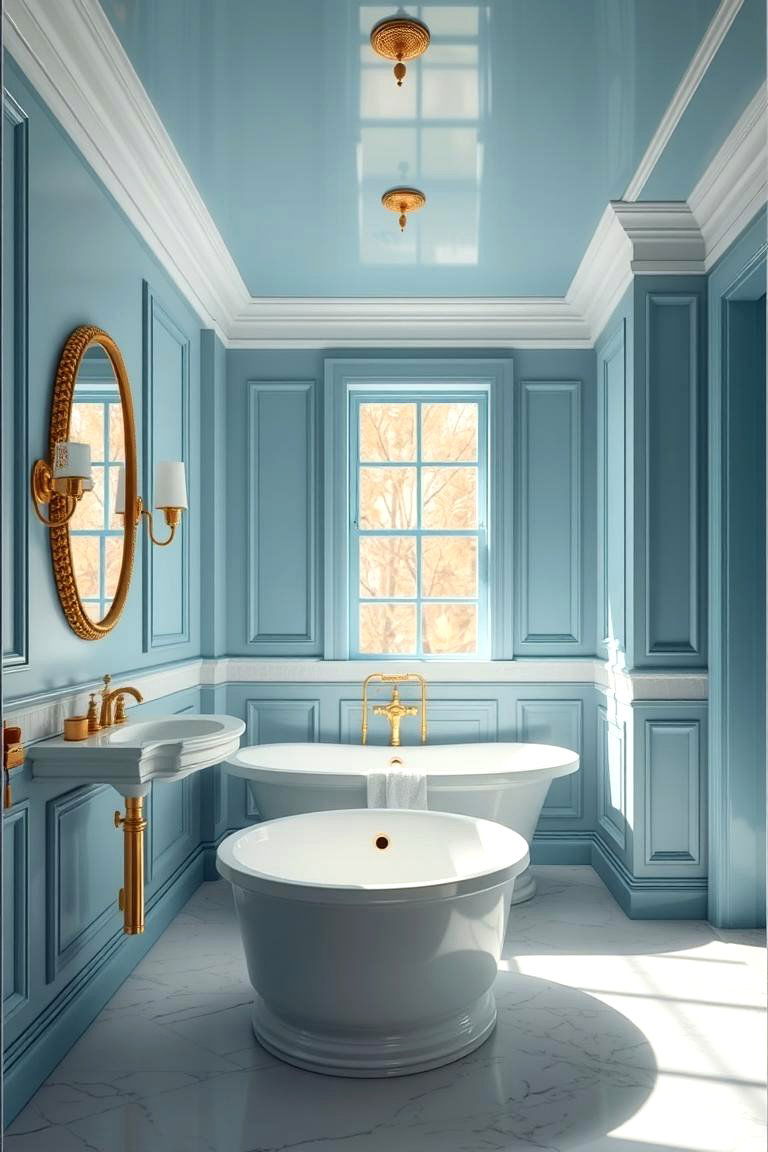 Elegant Gold Accents with Sky Blue Walls - 24 Blue and Gold Bathroom Ideas