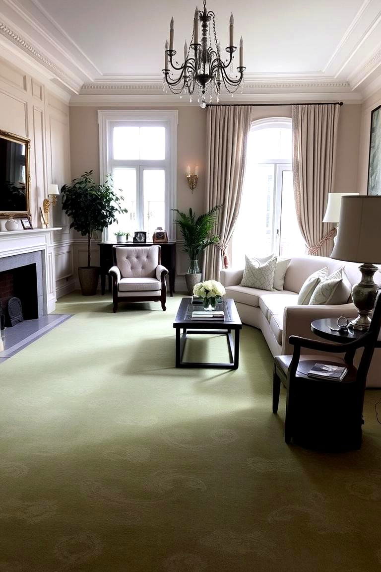 Elegant Green Carpet and Neutral Palette - 24 Green Carpet Living Room Ideas