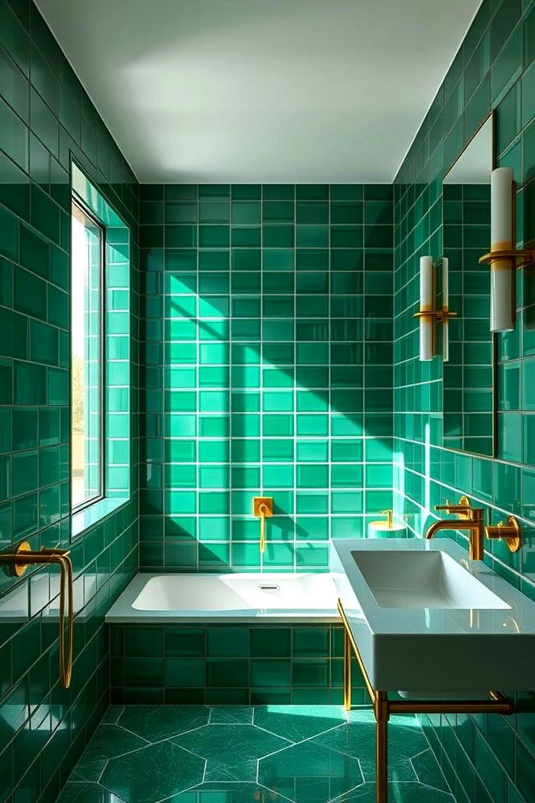 Elegant Green Tile Walls with Gold Fixtures - 24 Green and Gold Bathroom Ideas