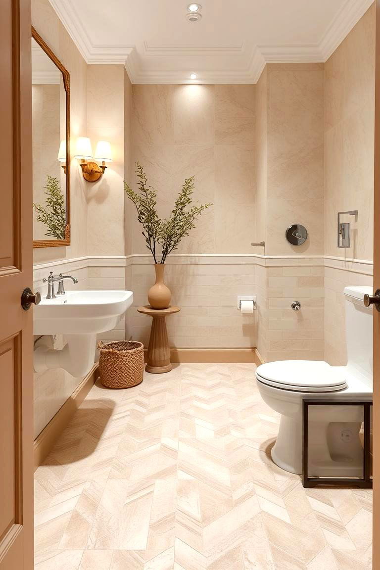 Elegant Herringbone Pattern Detail - 24 Powder Room Floor Tile Ideas