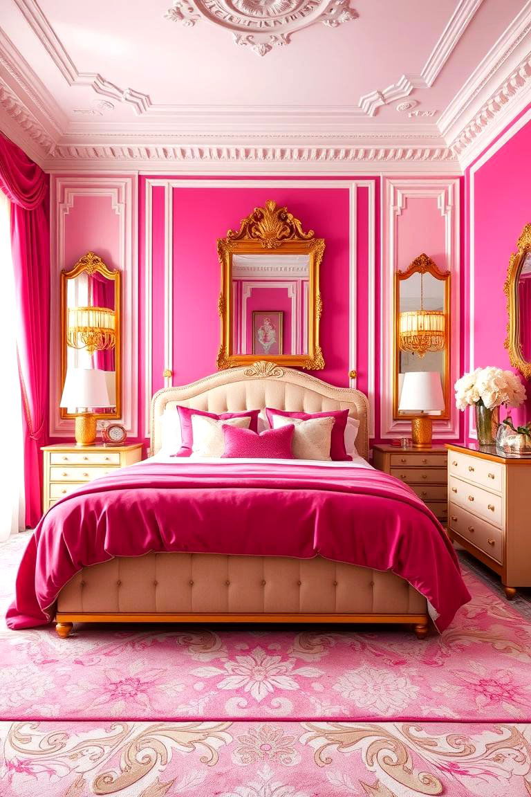 Elegant Hot Pink with Gold Accents - 24 Hot Pink Bedroom Ideas