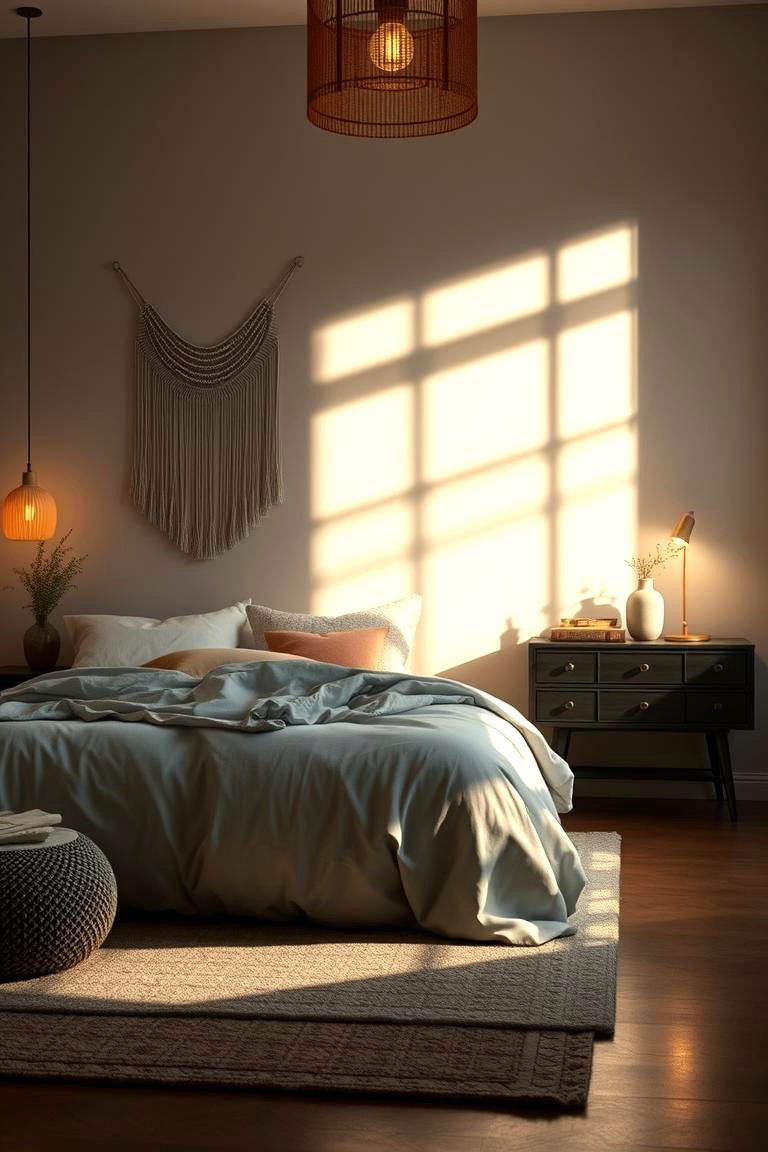 Elegant Layered Lighting - 24 Grey Boho Bedroom Ideas