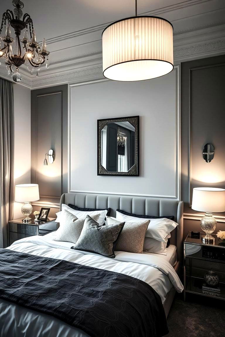 Elegant Lighting Accents - 24 Feminine Black and White Bedroom Ideas