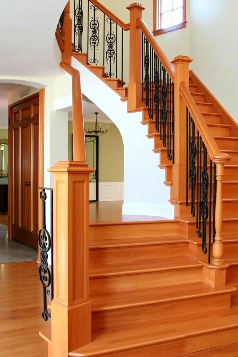 Elegant Maple Staircase with Decorative Metal Inserts - 24 Wooden Staircase Ideas