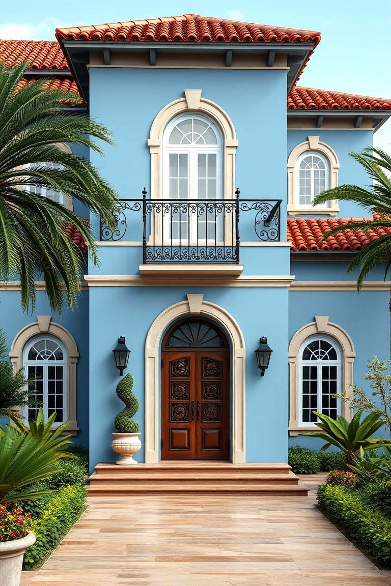 Elegant Mediterranean Flair - 24 blue exterior home with a brown roof ideas