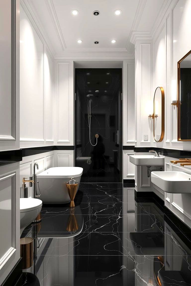 Elegant Metallic Accents - 24 Black Floor Bathroom With White Walls Ideas