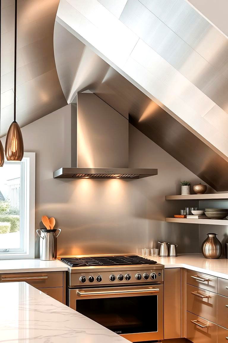 Elegant Metallic Finishes for a Modern Twist - 24 Sloped Ceiling Kitchen Ideas