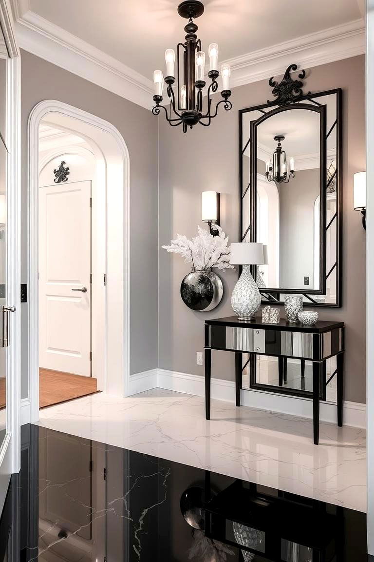 Elegant Mirror and Metal Accents - 24 Black and White Entryway Design Ideas