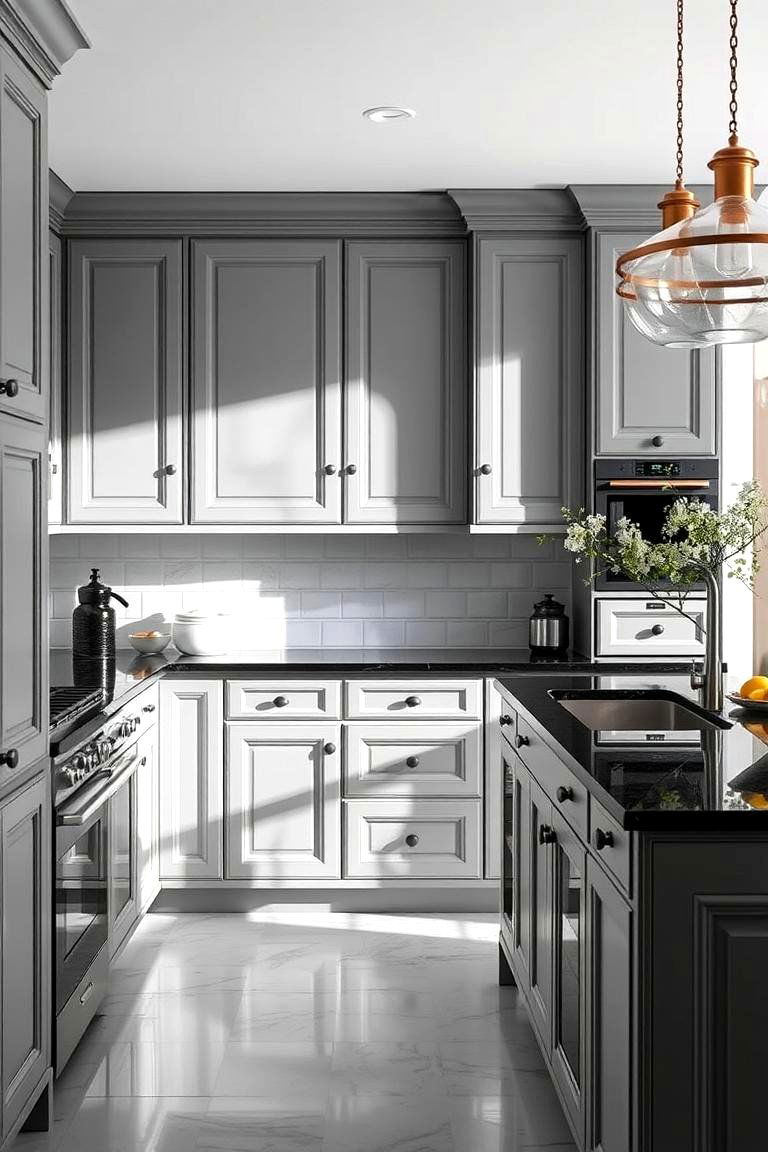Elegant Monochrome Magic - 24 Kitchen With Gray Cabinets And Black Countertops Ideas