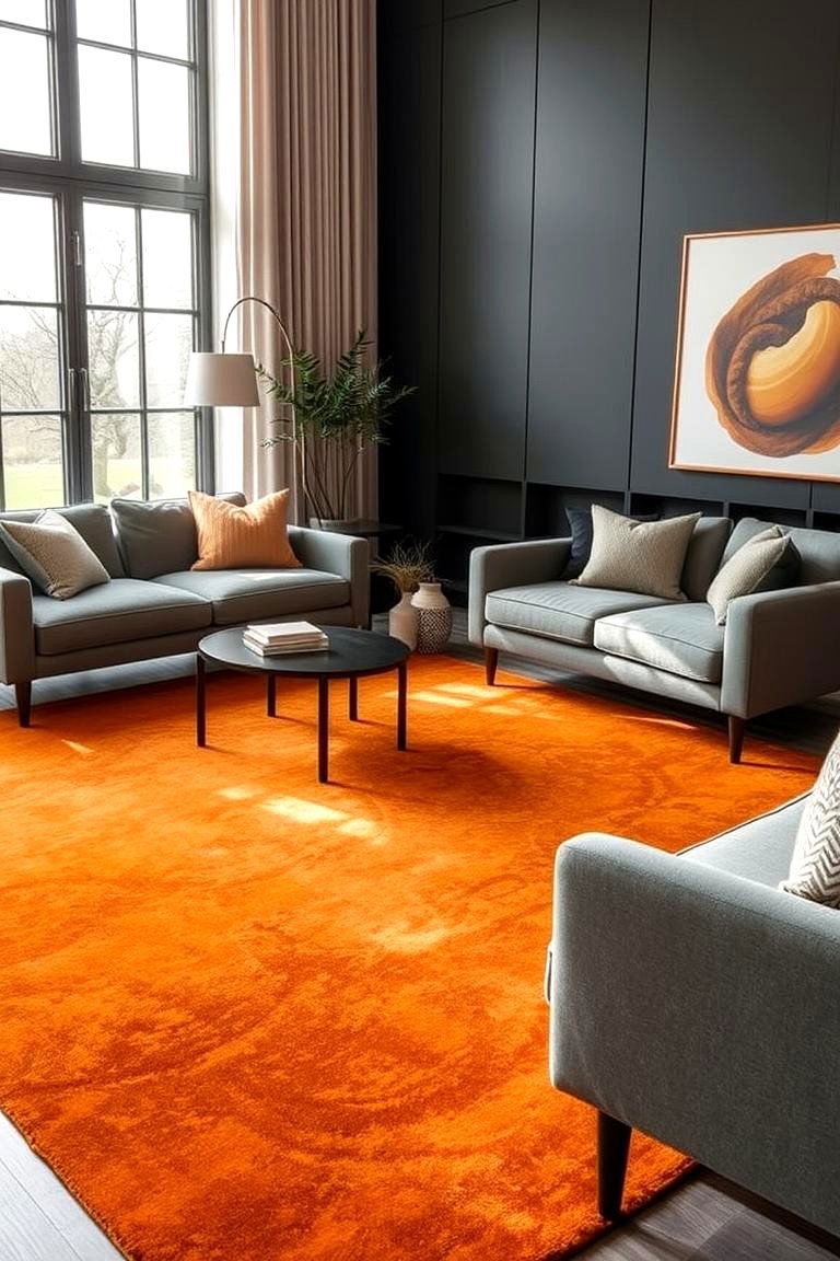 Elegant Orange Rug Paired with Grey Furniture - 24 Orange and Grey Living Room Ideas