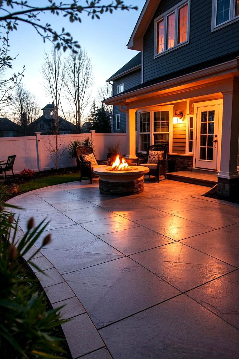 Elegant Patterned Concrete with Warm Lighting - 24 stamped concrete patio with fire pit ideas