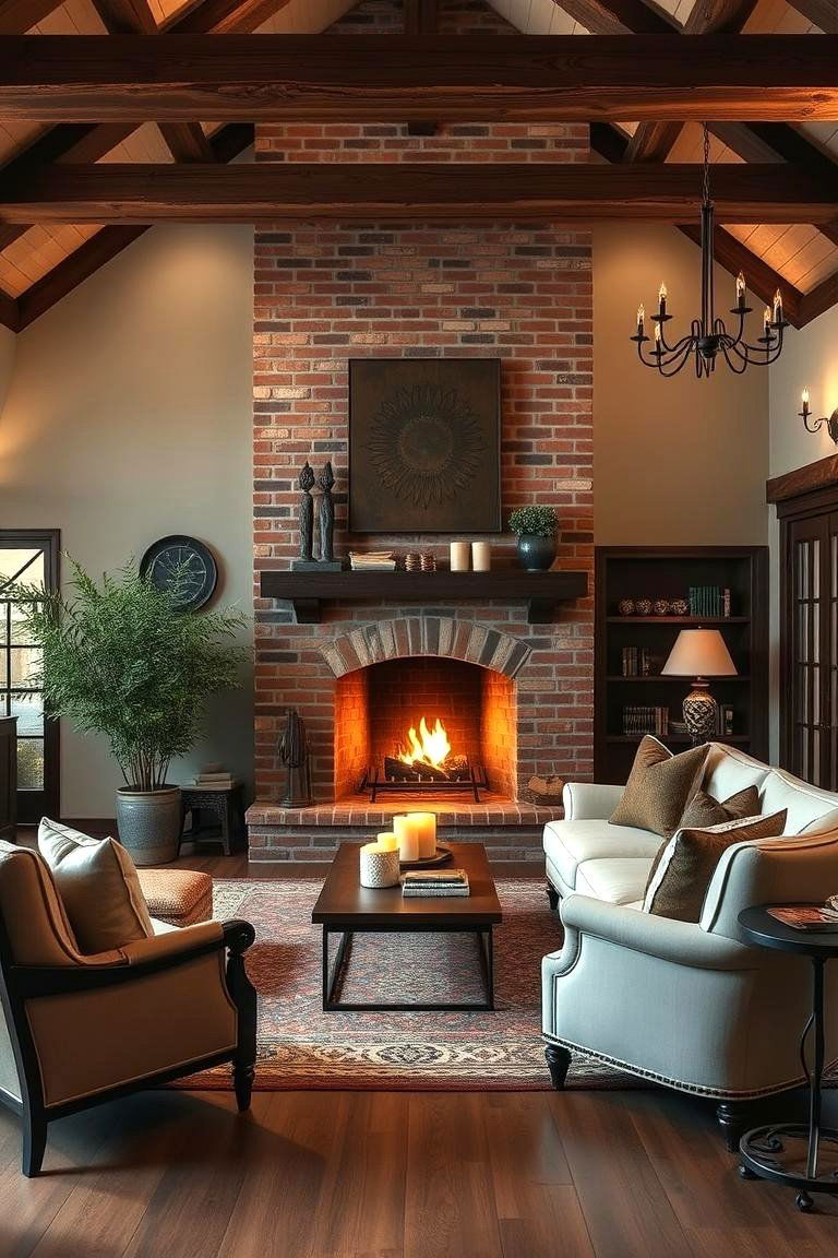 Elegant Rustic Retreat with Soft Lighting - 24 Rustic Living Room With a Brick Fireplace Ideas