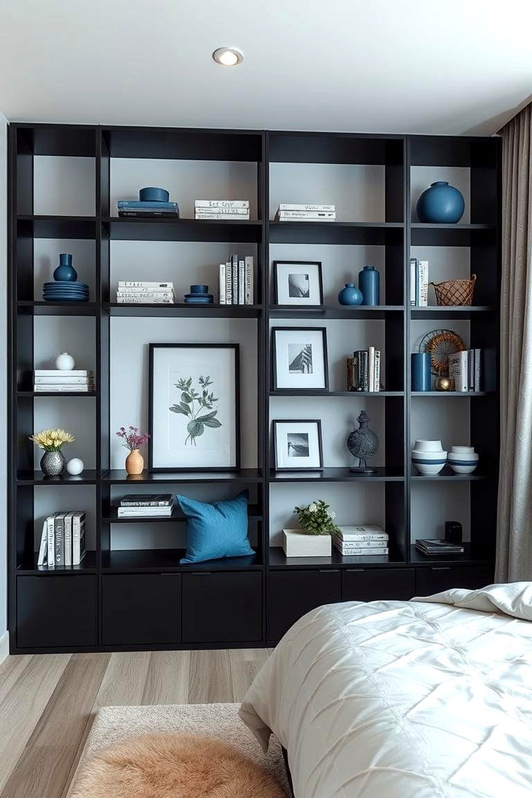 Elegant Shelving Black Frames Blue Accents - 24 Black and Blue Bedroom Ideas
