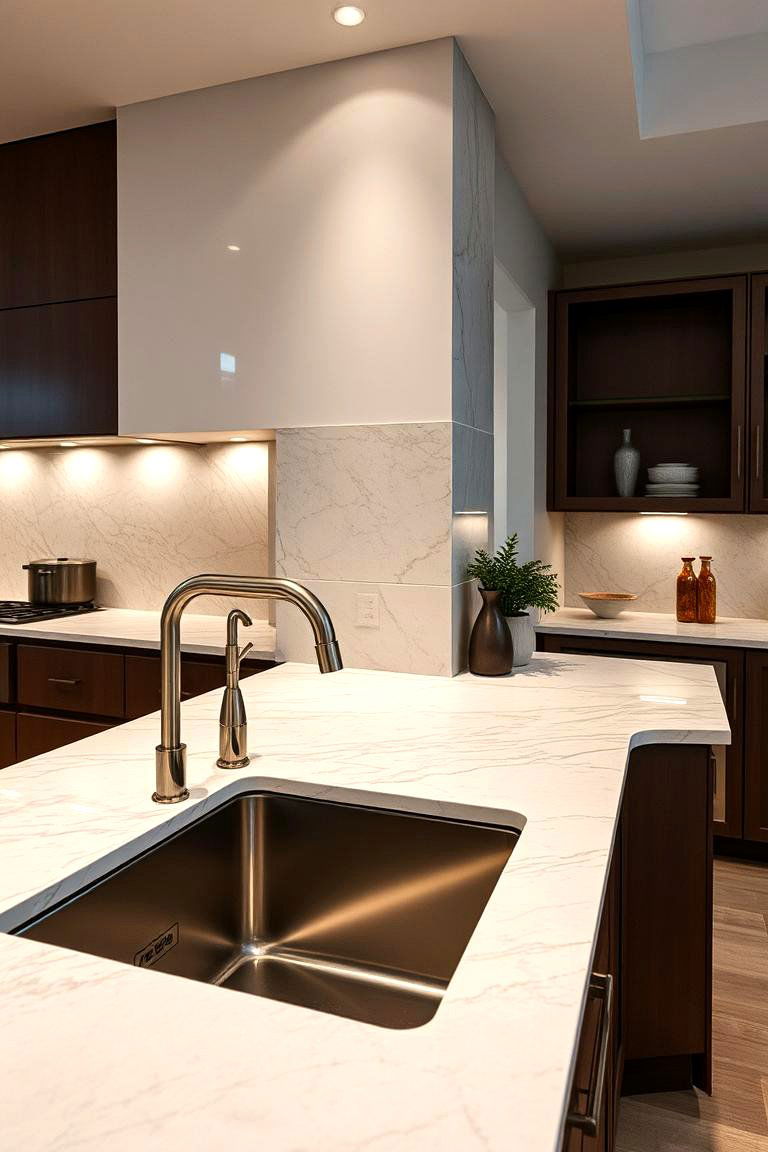 Elegant Stone Countertop with Sink - 24 Corner Kitchen Sink Ideas