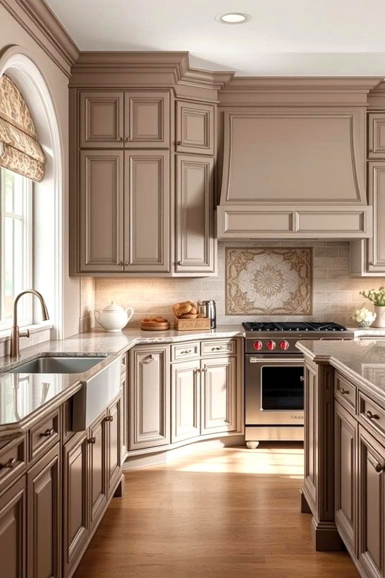 Elegant Taupe with Detailed Molding - 24 Taupe Kitchen Cabinet Ideas
