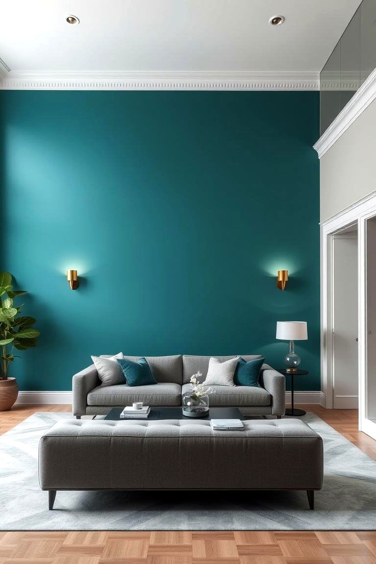 Elegant Teal Statement Walls - 24 Teal and Grey Living Room Ideas