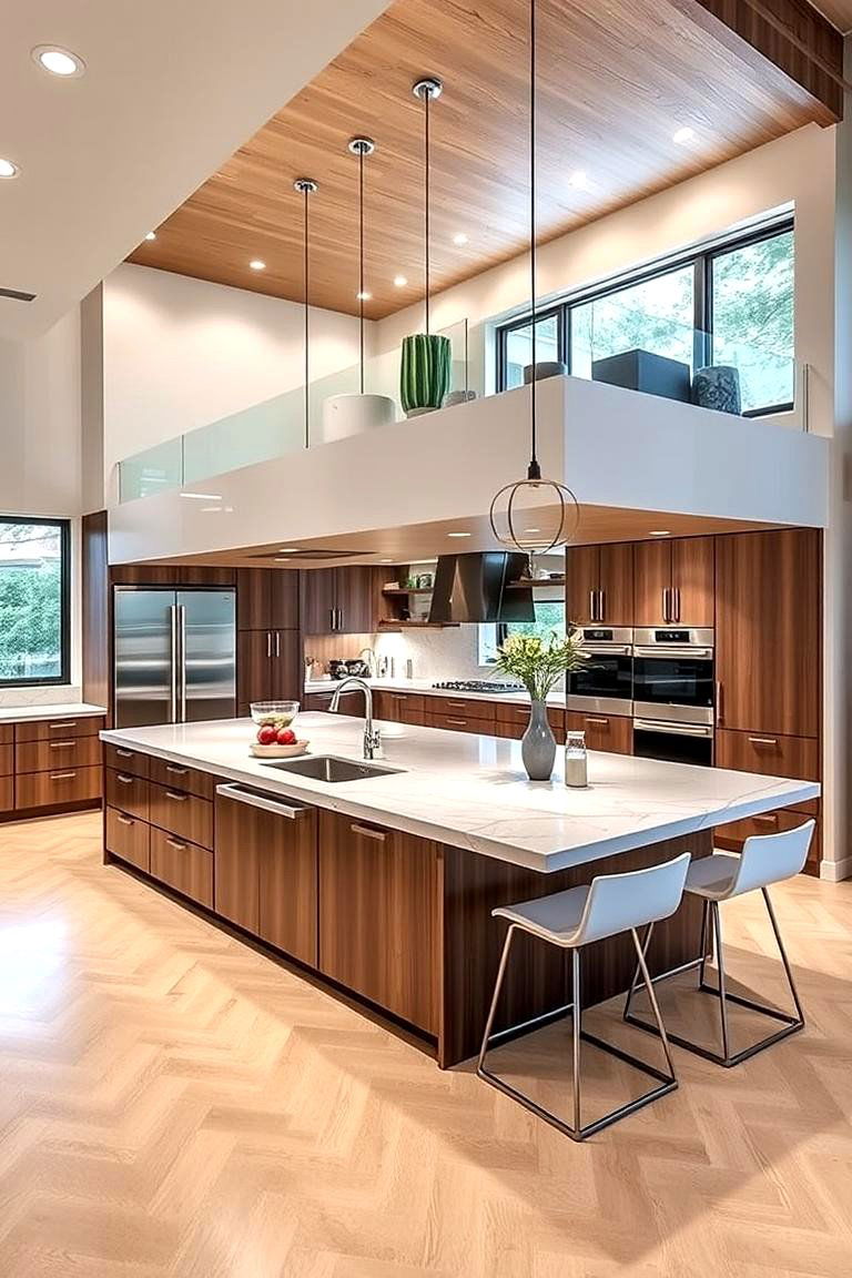Elegant Transitional Design with Two Level Islands - 24 Split Level Kitchen Design Ideas