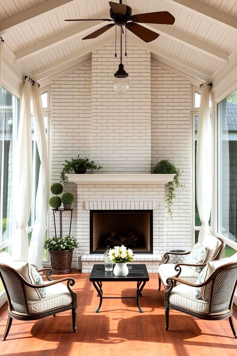 Elegant White Brick Fireplace - 24 Screened-in Porch With Fireplace Ideas