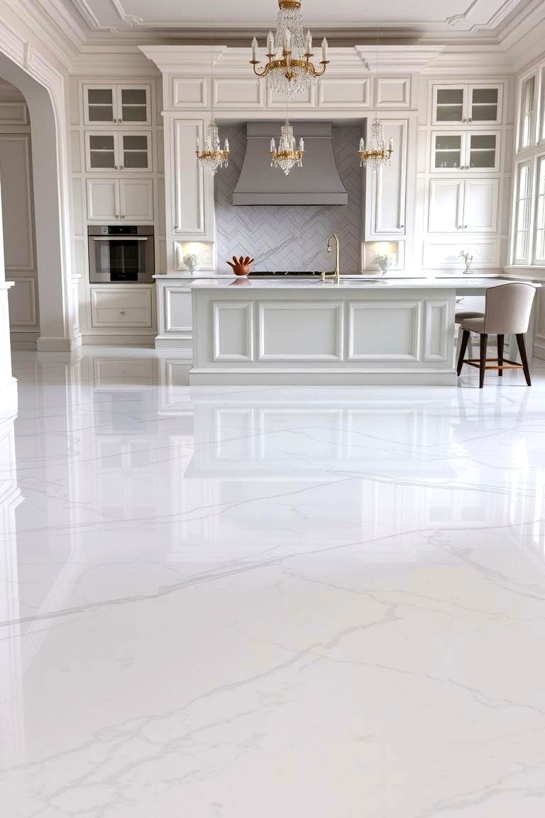 Elegant White Marble Flooring - 24 White Kitchen Floor Ideas