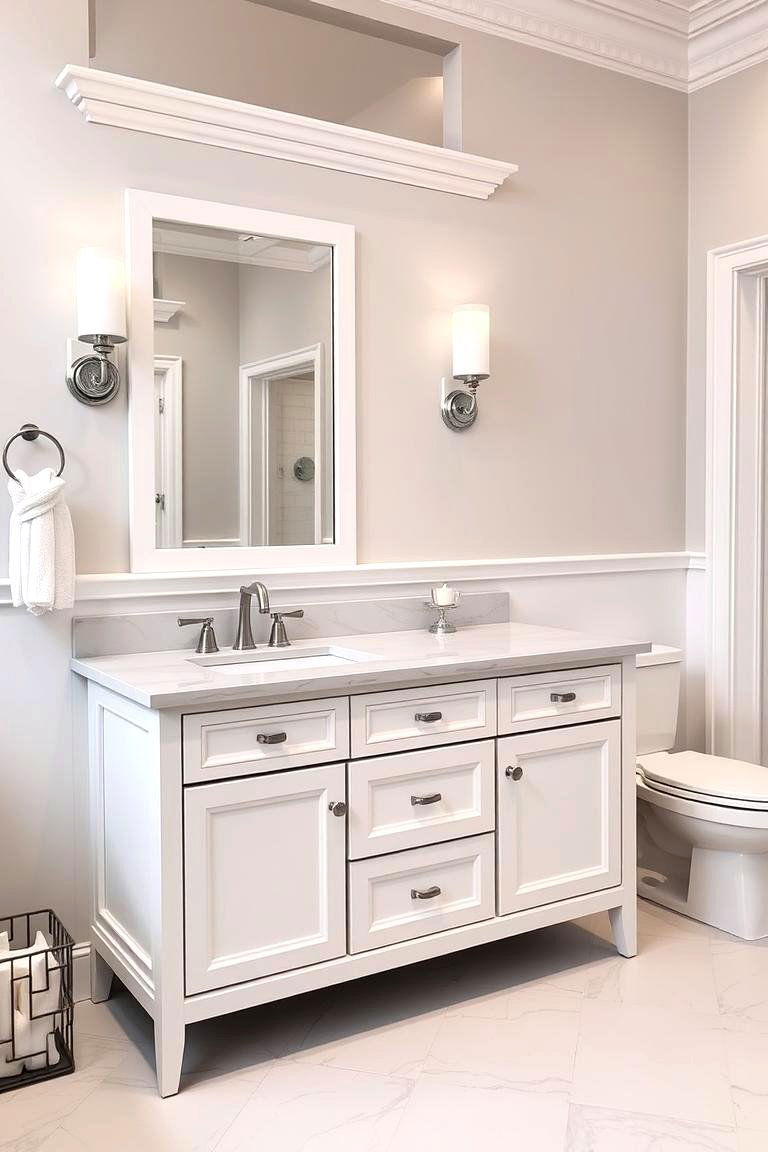 Elegant White Vanity with Grey Countertop - 24 Grey and White Bathroom Ideas