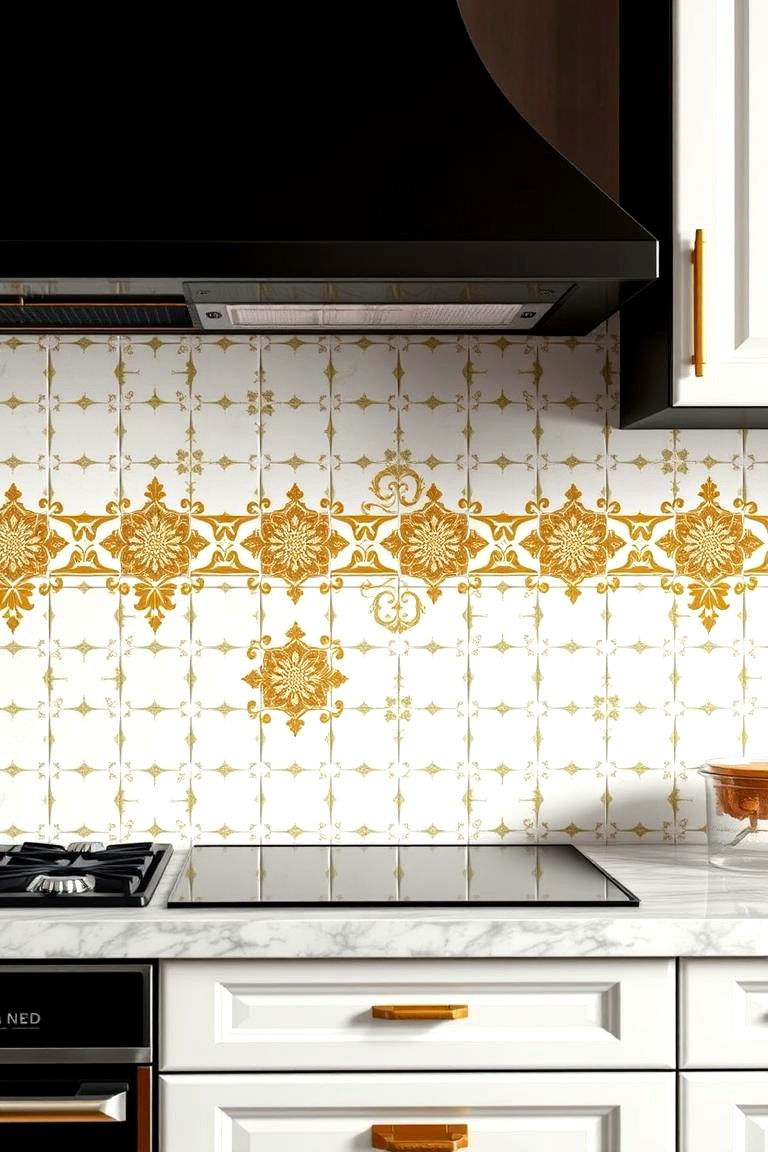 Elegant White and Gold Patterned Tiles - 24 White and Gold Kitchen Ideas