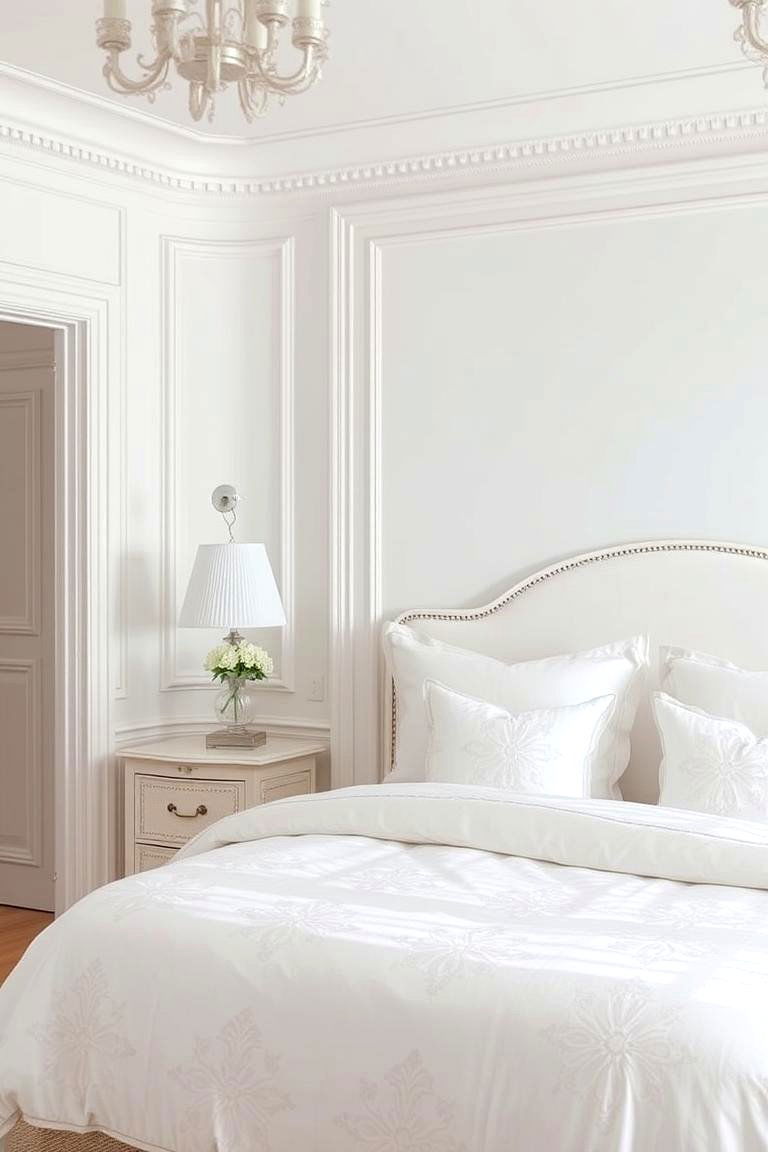 Elegant White with Subtle Patterns - 24 White Bedroom Ideas