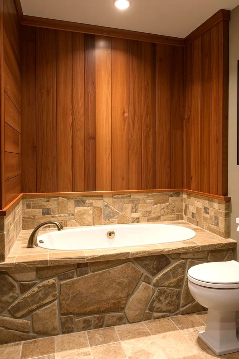 Elegant Wood and Stone Surround - 24 Bathtub Surround Ideas