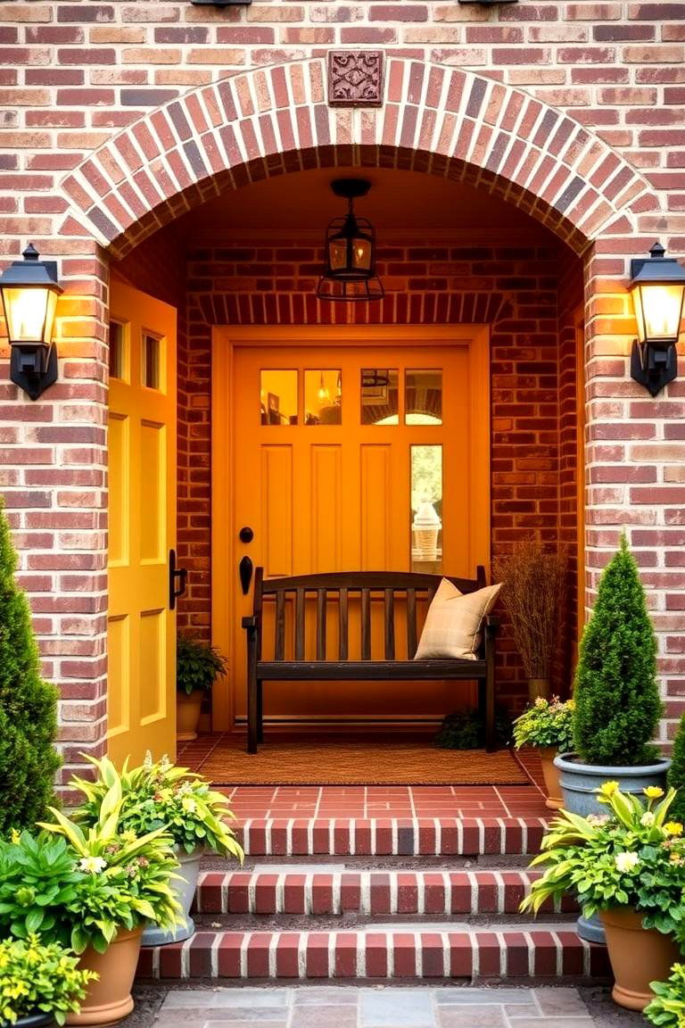 Elegant and Cozy with Brick Facade - 24 Mustard Yellow Front Door Ideas