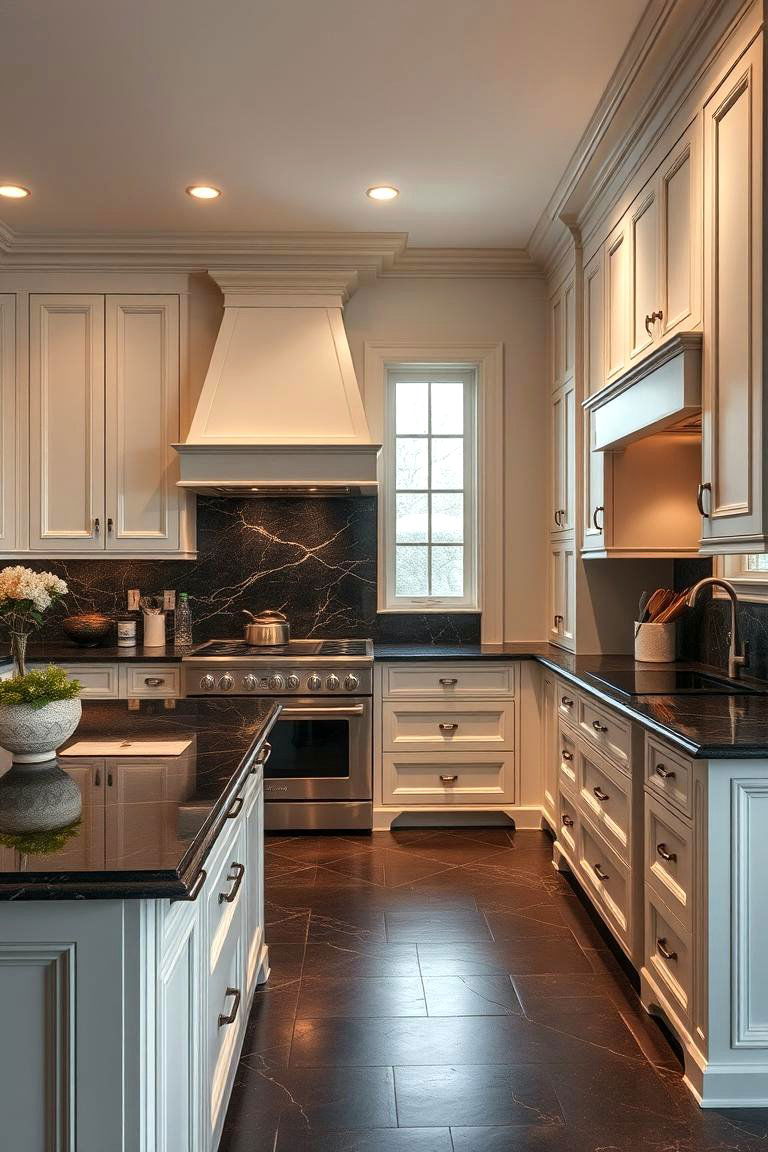Elegant and Timeless Design - 24 kitchen with dark countertops and light cabinets