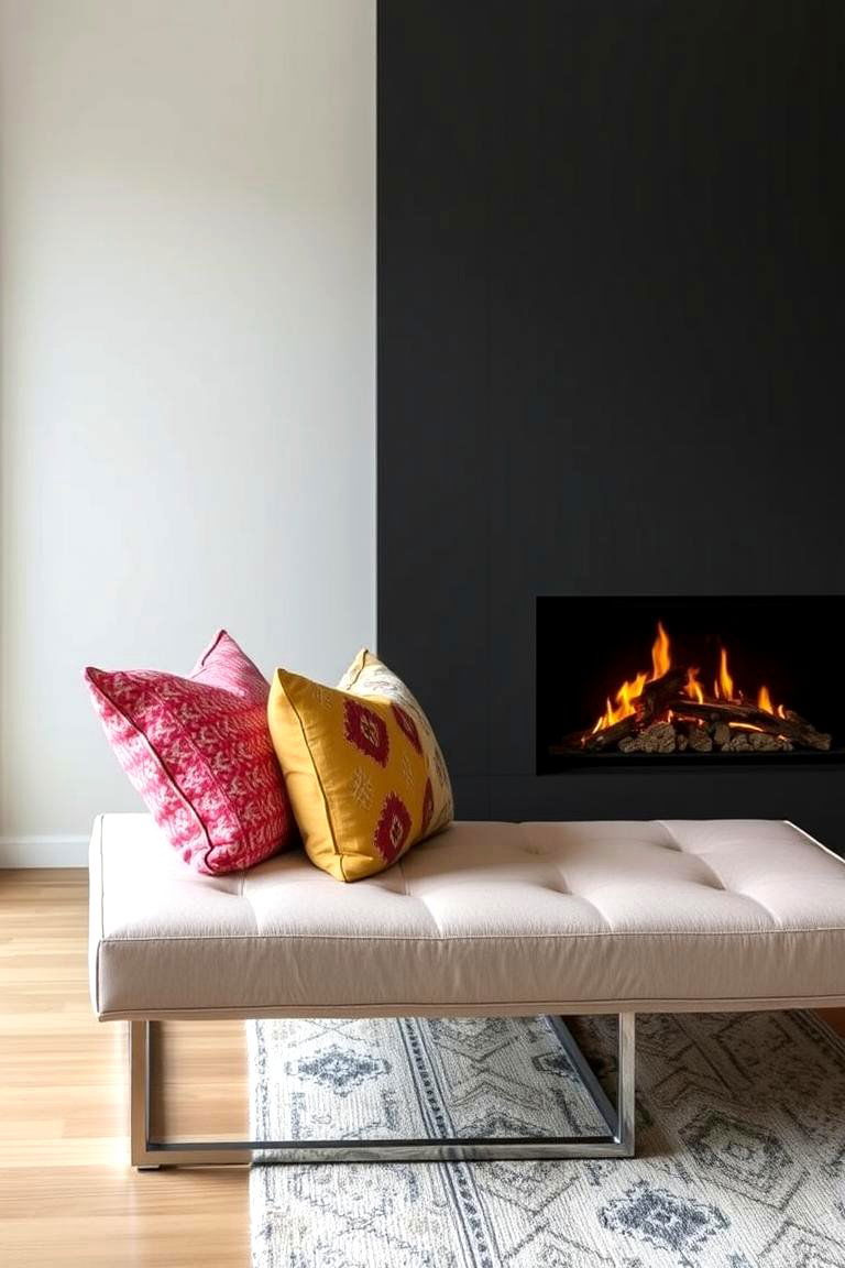 Elevated Bench with Pillows - 24 Fireplace Seating Ideas