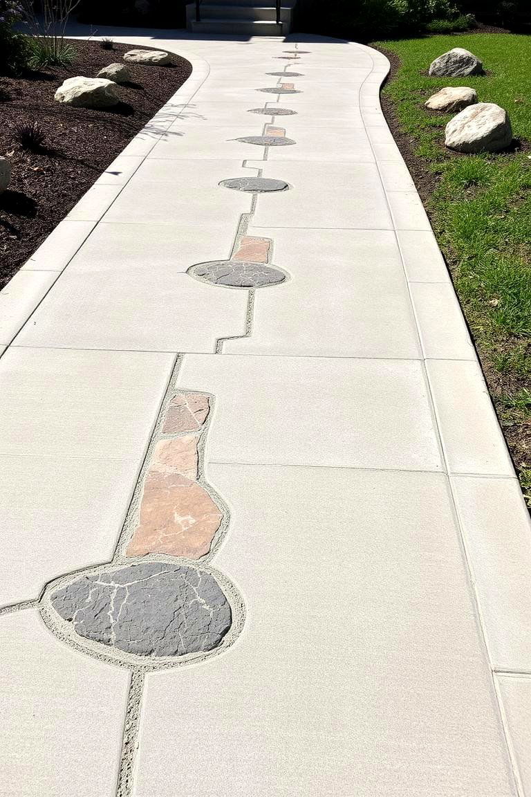 Embedded Stone Inlay Concrete Walkway - 24 Concrete Walkway Ideas