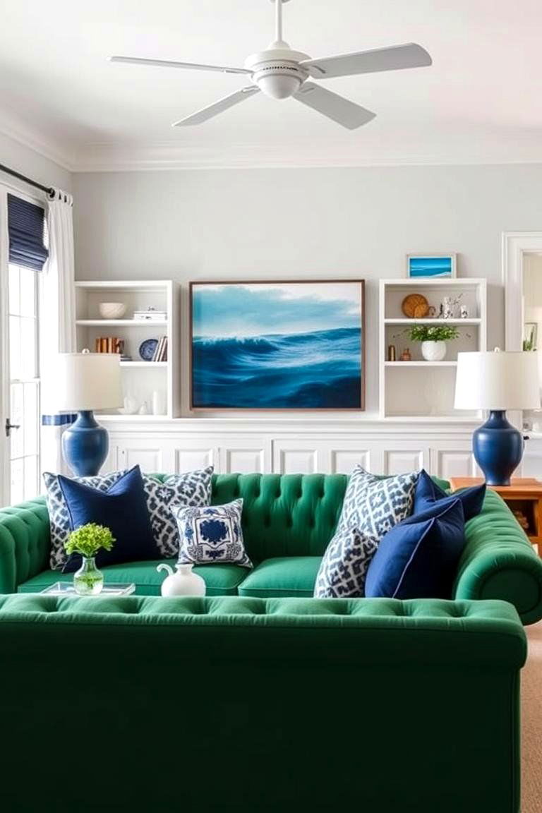 Embrace Coastal Vibes with Navy Accents - 24 Emerald Green Sofa Living Room Ideas