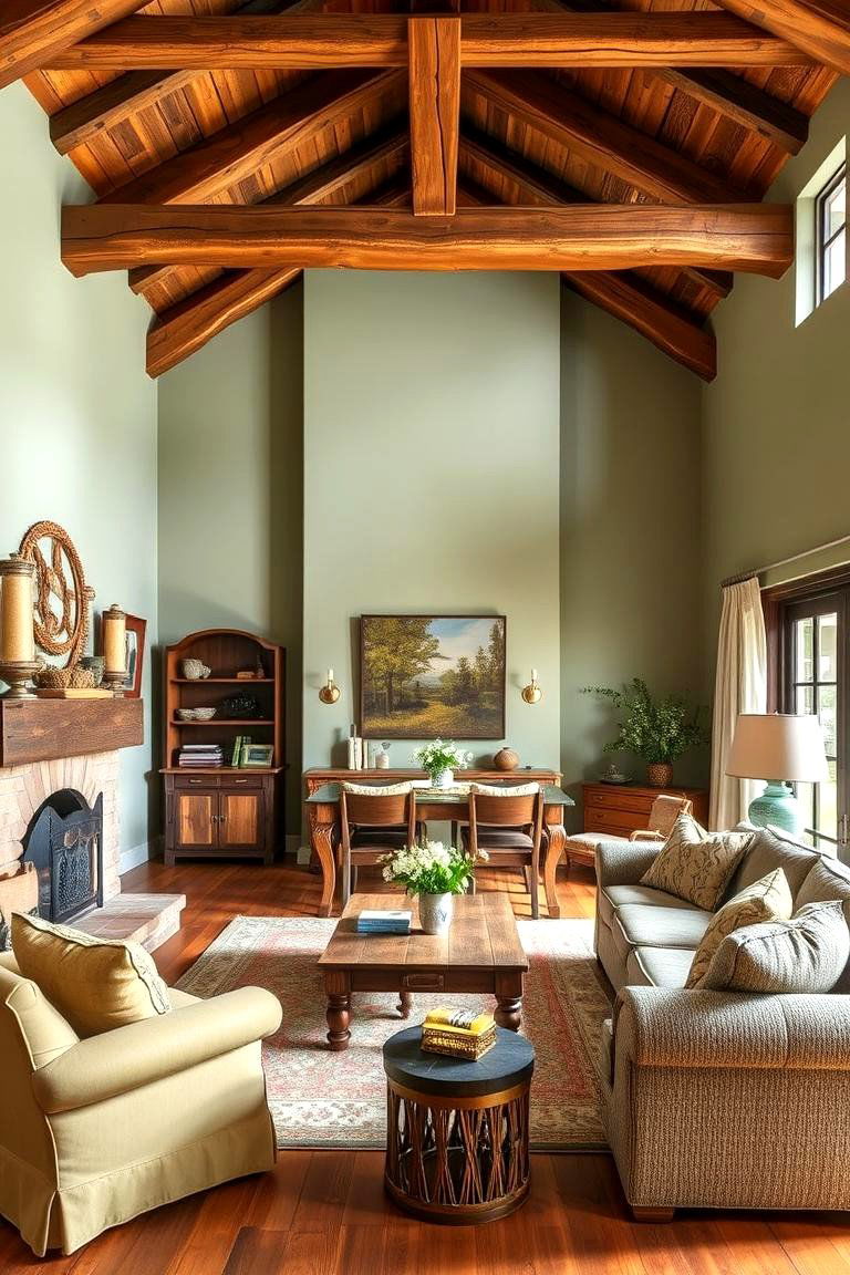 Embrace Sage Green Walls with Exposed Wood - 24 Rustic Sage Green Living Room Ideas