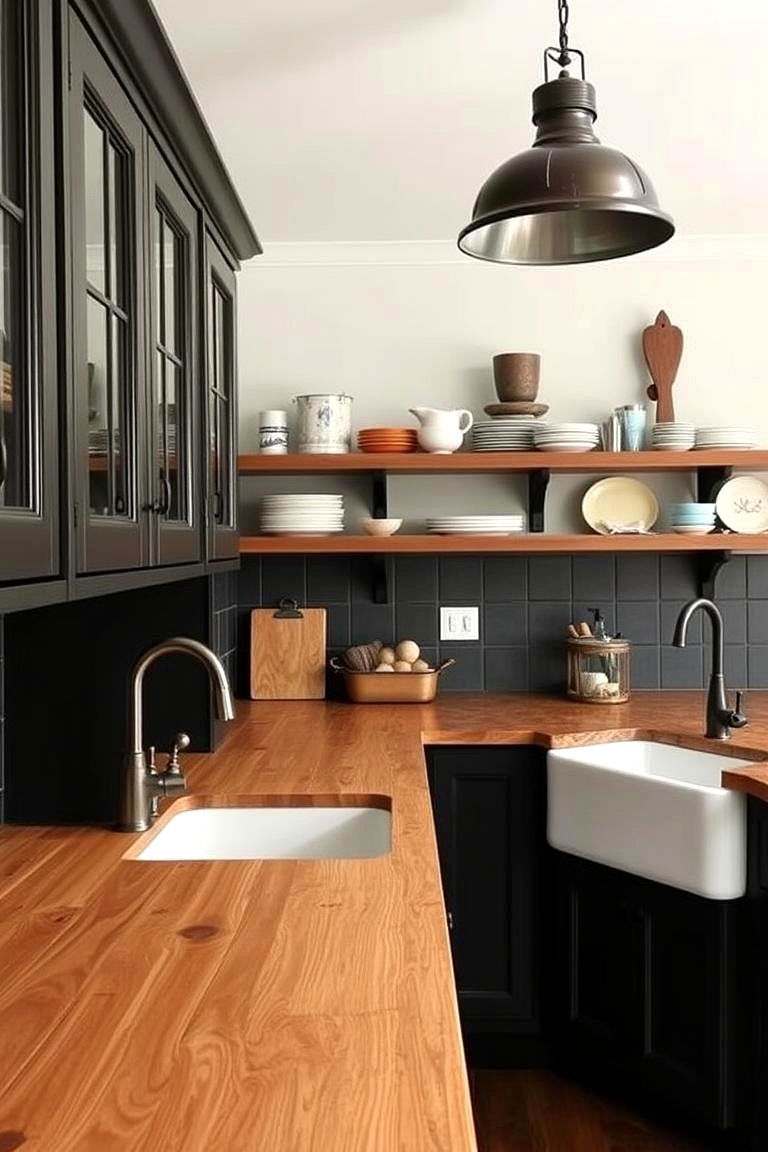 Embrace a Farmhouse Feel - 24 Kitchen With Black Cabinets And Wood Countertops Ideas