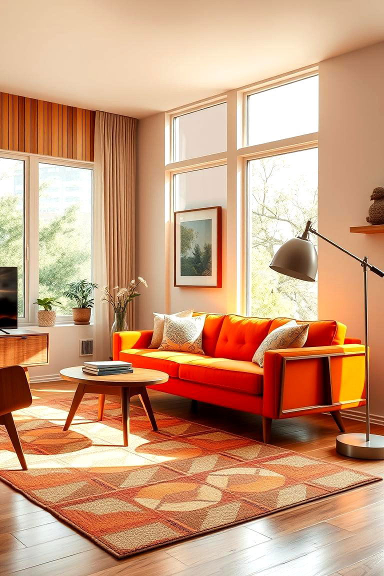 Embrace a Mid Century Modern Vibe - 24 Orange Couch Living Room Ideas