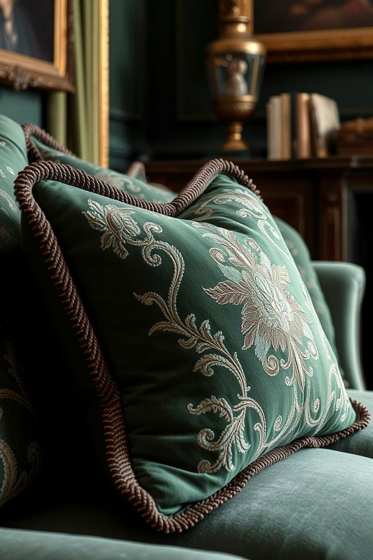 Embroidered Cushions and Antique Upholstery - 24 Victorian Dark Green Living Room Ideas