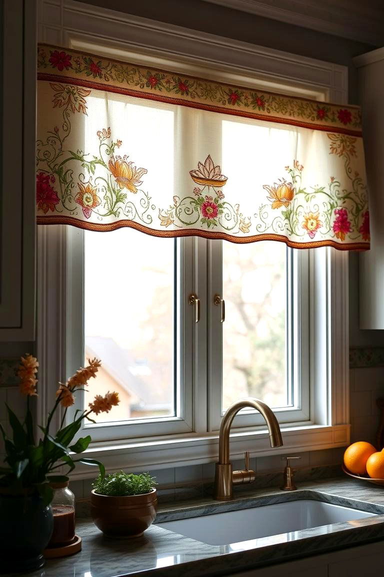 Embroidered Fabric Valance - 24 Kitchen Valance Ideas