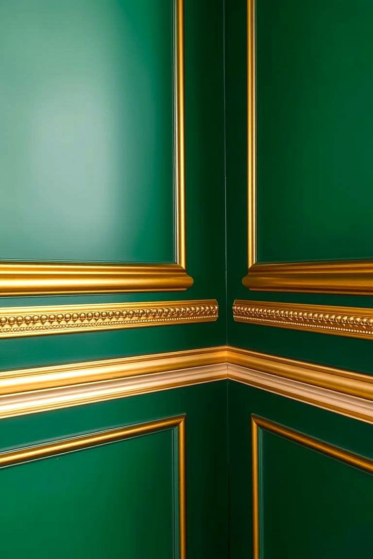 Emerald Green Accent Wall with Gold Trims - 24 Emerald Green and Gold Living Room Ideas